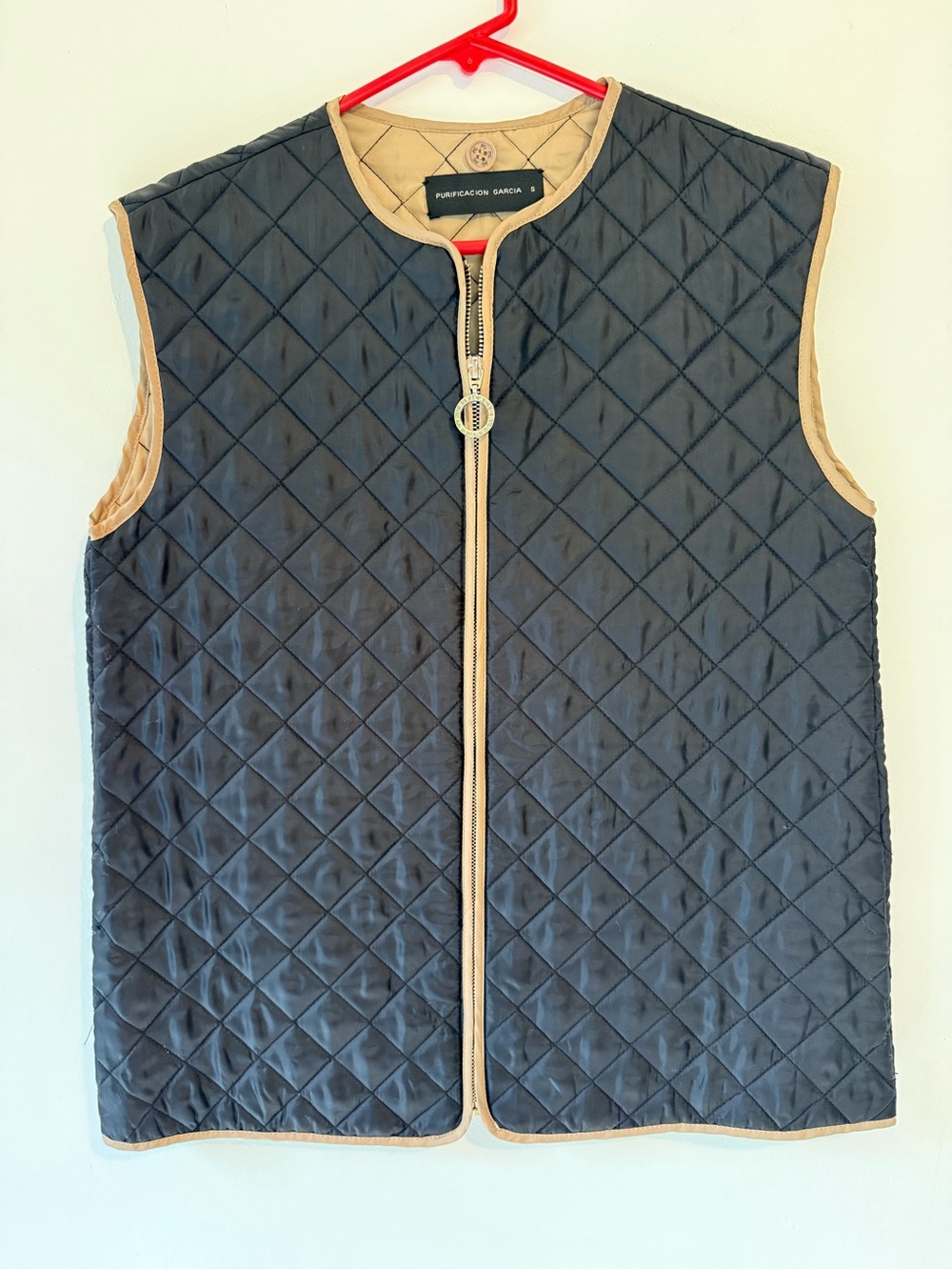 Purificacion Garcia Quilted Zip Front Vest Black Beige Lightweight Size S